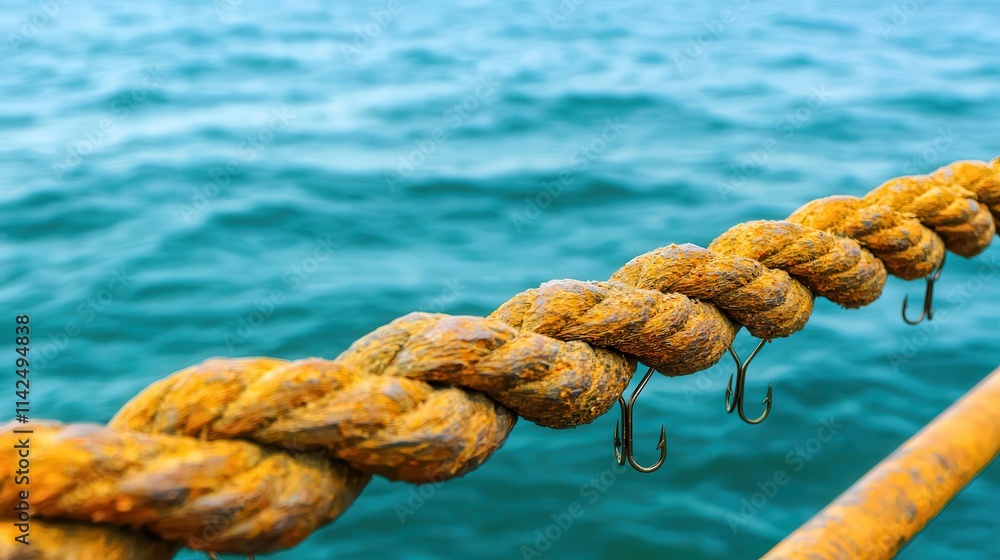 Fototapeta premium Fisherman aesthetic evokes ocean adventure. Rope tied to a dock against a blue water background.