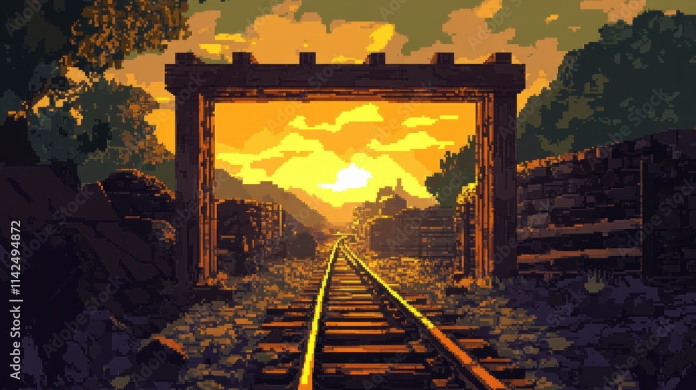 Naklejka premium Retro-style pixel art of a mine entrance at sunset, with shadows casting over the wooden beams and a minecart track leading inside