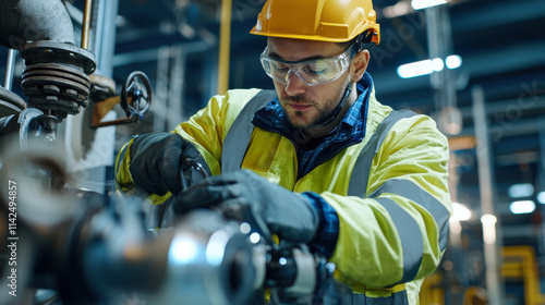 maintenance engineer in safety vest and helmet works on machinery, showcasing dedication and skill