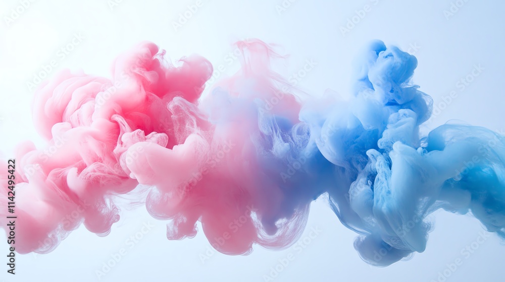 Colorful smoke clouds blend in blue and pink hues, creating art. Colorful smoke clouds blend in blue and pink hues, creating art.