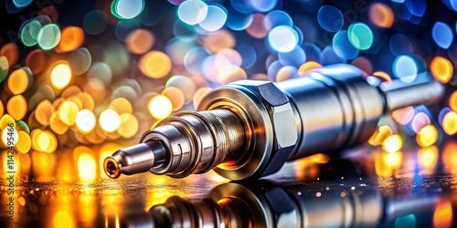 Common Rail Diesel Injector Nozzle Bokeh Photography: High-Resolution Image with Copy Space for Advertising photo