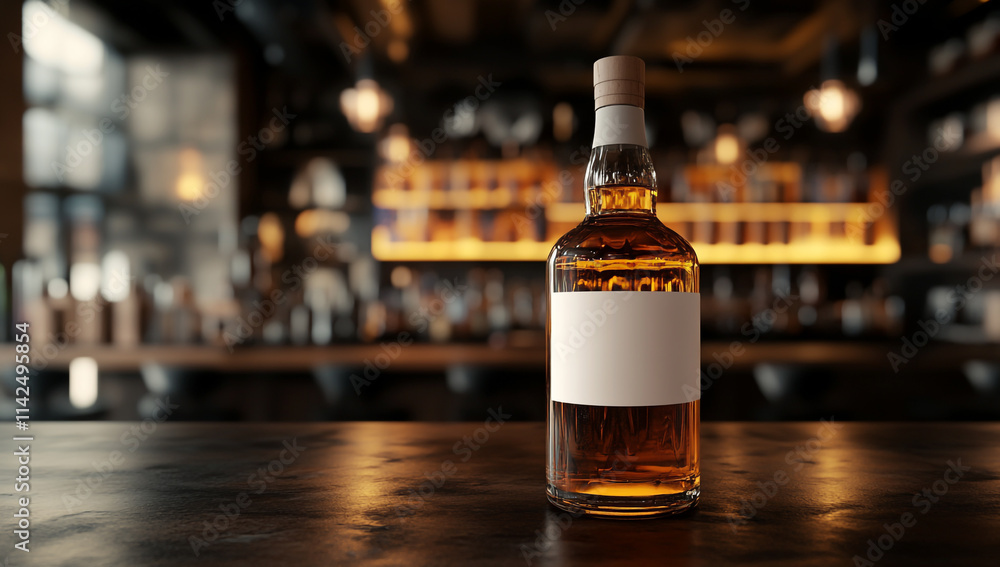Bottle with a blank white label on a wooden table in a bar interior mockup Bottle with a blank white label on a wooden table in a bar interior mockup