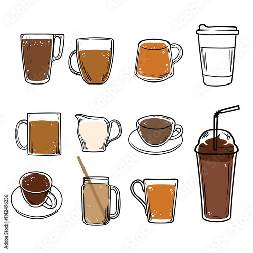 Doodle of coffee drinks in cups and mugs. Simple outline of energizing drinks made out of coffee beans. Vector coffee cups and jar. Milk cup for cappuccino.