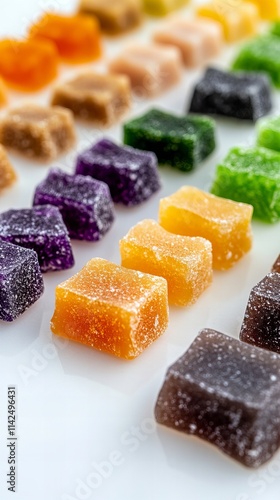 Rows of colorful, sugared fruit gummies on a white background. photo