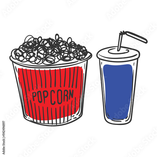 Doodle of popcorn bucket and plastic soda cup with a straw. Simple outline of movie snacks made out of corn. Vector illustration for online and print design projects. 