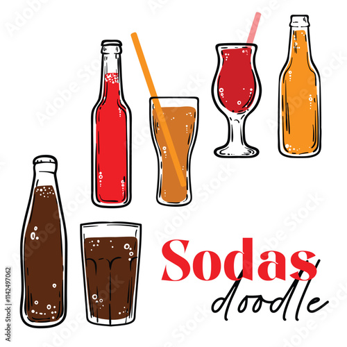 Doodle of soda bottles and glasses. Simple outline of soft fizzy drinks. Vector illustration for online and print design projects. 