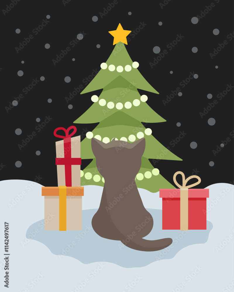 Naklejka premium The kitten looks at the Christmas tree. Cute cat near the New Year tree.Christmas card with cat, kitten. Happy holidays. Greeting concept. Ideal for print, postcard or label. New Year card.
