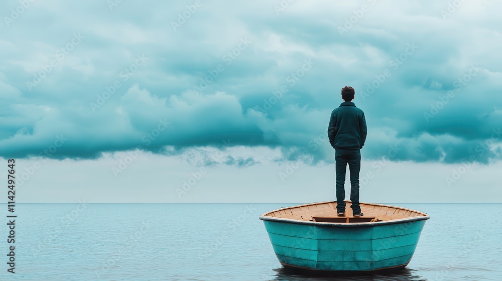 Naklejka premium Fisherman aesthetic evokes ocean adventure. A person standing in a boat on calm water under cloudy skies.