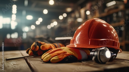 Safety gear showcase ppe essentials including helmets and gloves construction site close-up view industrial safety environment photo