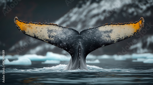 A large whale dives showing its tail in a bay surrounded by mountains with floating ice on the ocean. photo