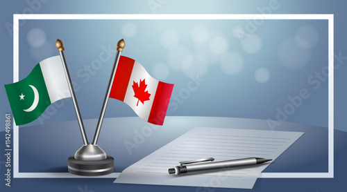 Pakistan and Canada National flags on small table with bokeh background, cooperative relationship