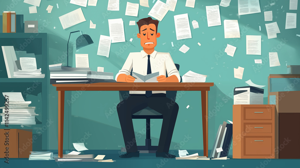 A distressed man, clutching his head with his hands, is very upset and tired, in a chaotic office. Documents and papers are scattered on the desk. The concept of overwork, depression, dismissal, study A distressed man, clutching his head with his hands, is very upset and tired, in a chaotic office. Documents and papers are scattered on the desk. The concept of overwork, depression, dismissal, study