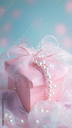 Elegant Pink Gift Box with Tulle Ribbon and Pearls on Soft Background
