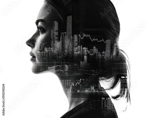 Profile of a woman intertwined with a cityscape and data graphics.