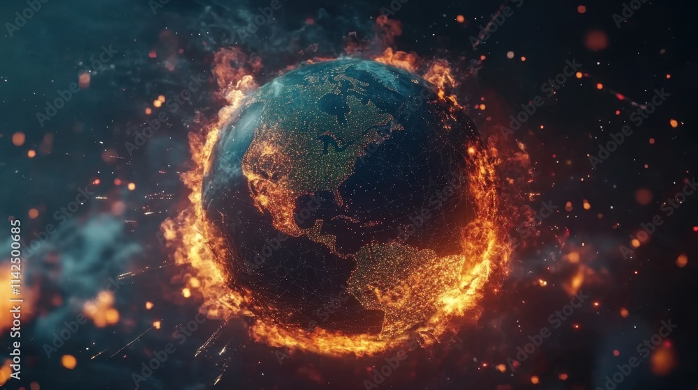 Fiery Global Catastrophe Concept with Earth Surrounded by Flames Fiery Global Catastrophe Concept with Earth Surrounded by Flames
