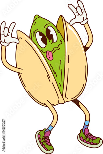 Groovy pistachio nut character features teasing expression, wearing sneakers, and striking a playful pose. Isolated cartoon vector food personage with quirky and cheerful face, conveying funky vibe