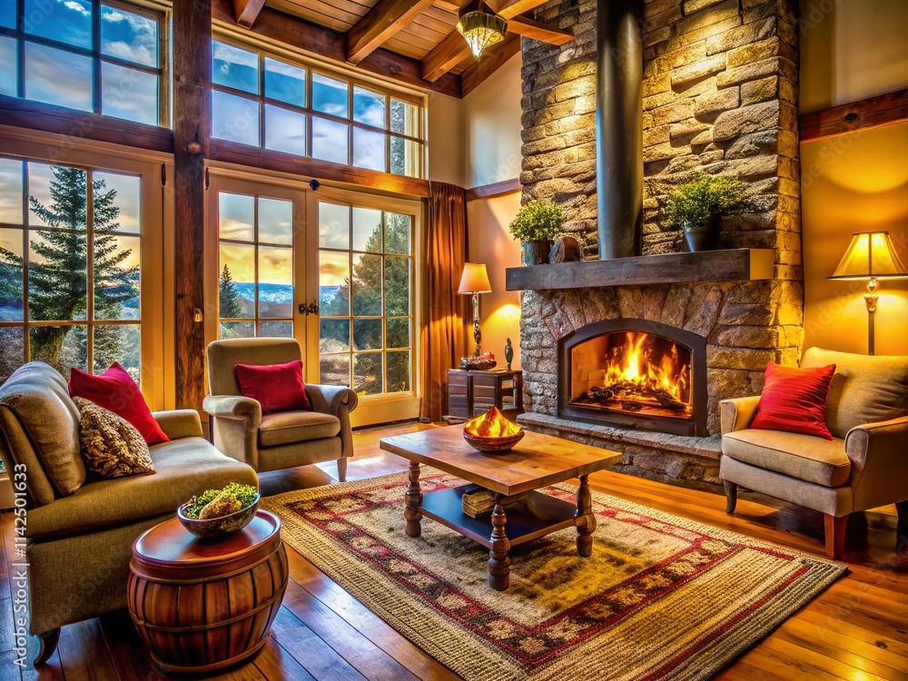 Cozy Kaminofenfeuer Fireplace Interior Design, Warm Rustic Living Room, Winter Evening Glow Cozy Kaminofenfeuer Fireplace Interior Design, Warm Rustic Living Room, Winter Evening Glow