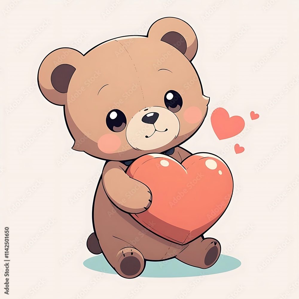 Fototapeta premium Adorable Brown Teddy Bear Holding a Heart: Sweet Cartoon Illustration