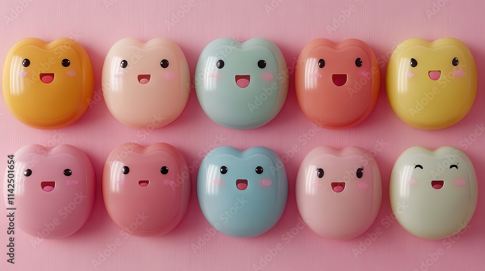 Colorful array of pastel heart shapes with smiling faces on soft pink background, creating cheerful and playful atmosphere. Perfect for children decor or fun designs Colorful array of pastel heart shapes with smiling faces on soft pink background, creating cheerful and playful atmosphere. Perfect for children decor or fun designs