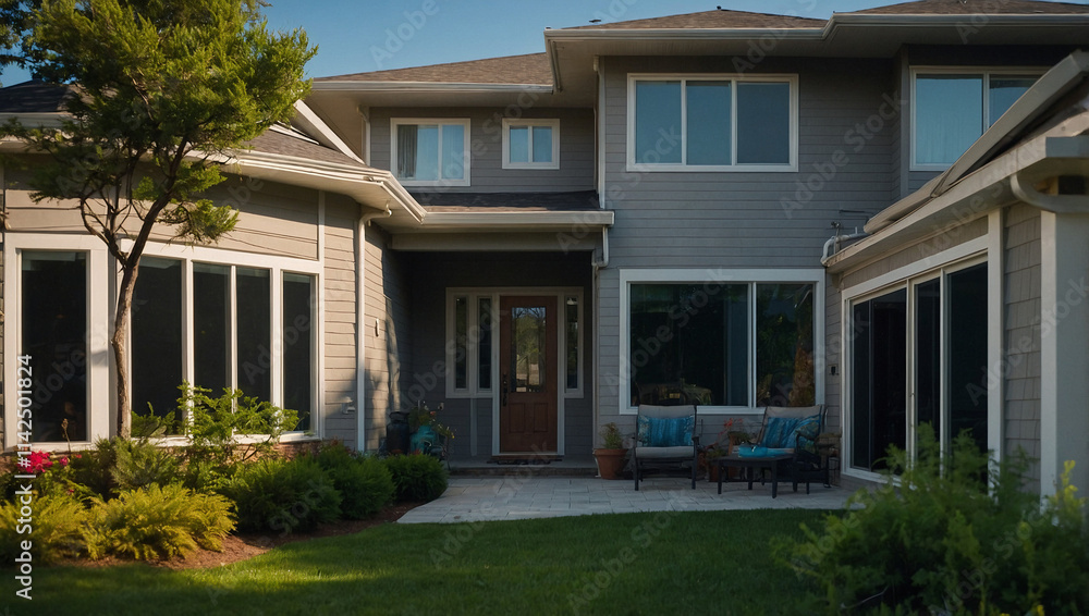 Obraz premium Two-story gray house with multiple windows, a brown front door, and patio furniture on a paved patio. Landscaping includes a tree and shrubs. Sunny day.
