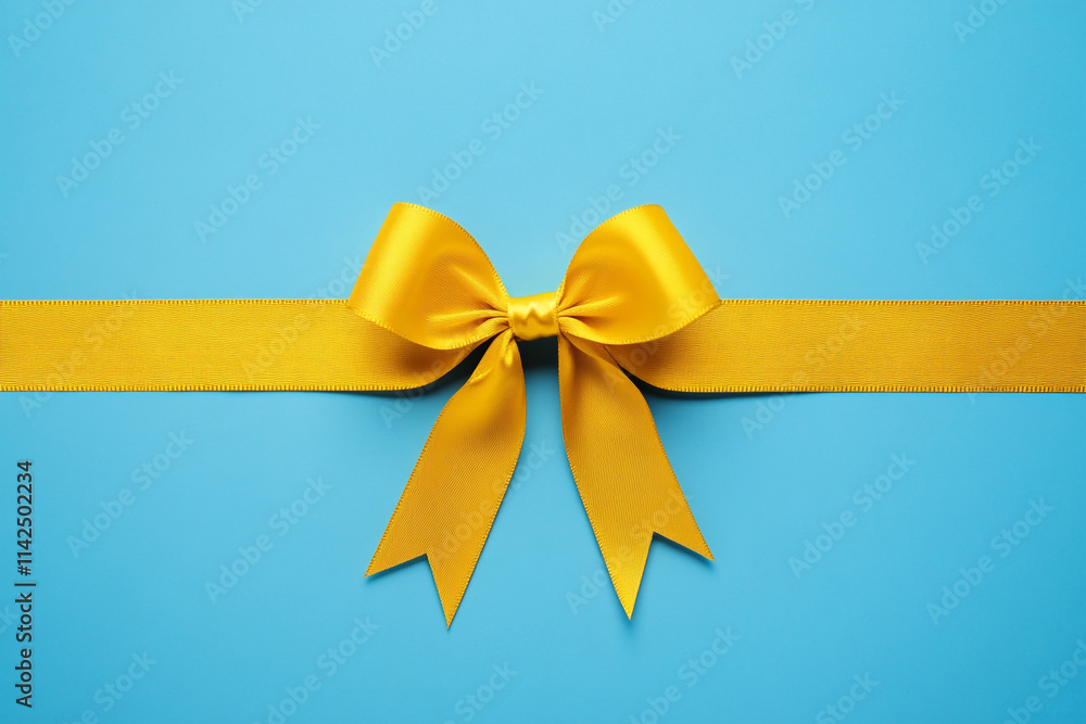 Bright yellow ribbon tied in a bow on a blue background for Valentine's Day celebration