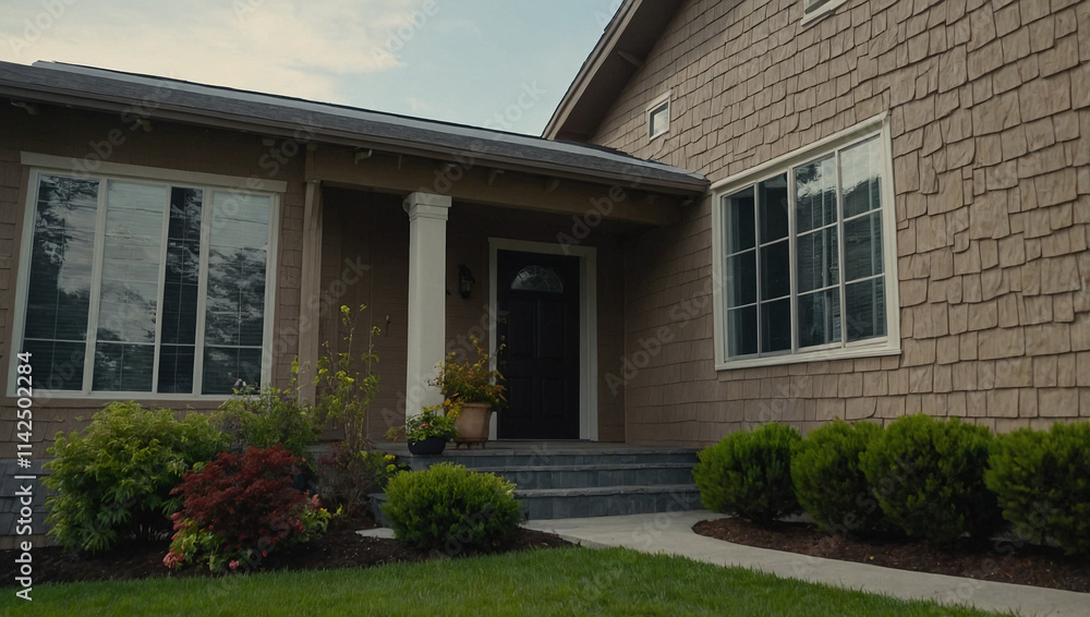 Residential House Exterior with Landscaping and Stone Facade Residential House Exterior with Landscaping and Stone Facade