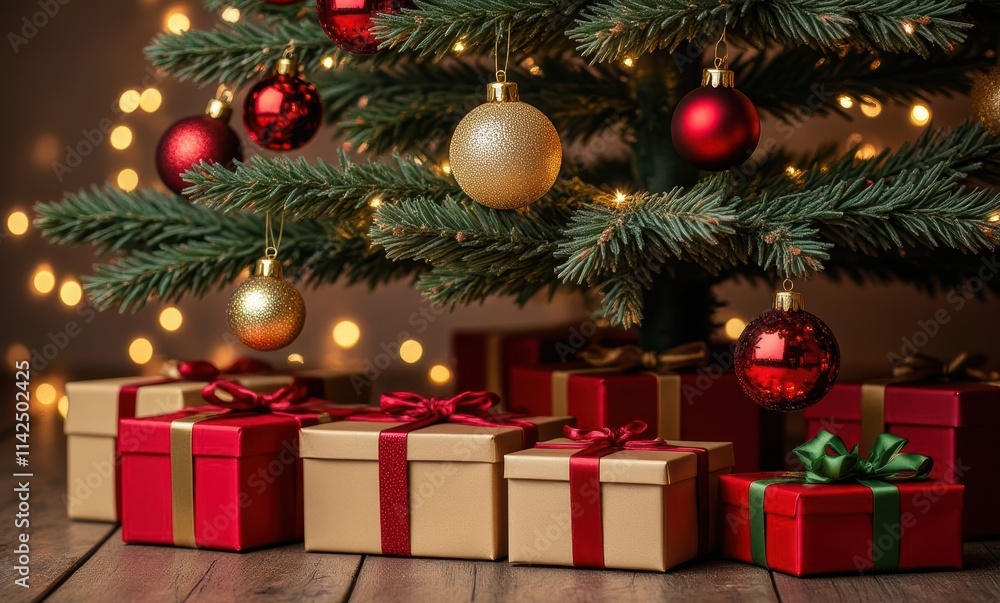 Festive Christmas tree with colorful gifts Festive Christmas tree with colorful gifts