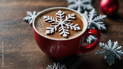 Coffee Mug with Foam Christmas SnowFlake Shape Top View Banner with Copy Space
