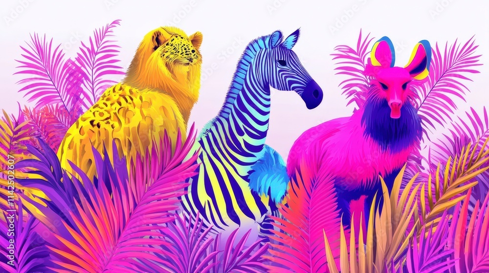 Vibrant Animal Trio in Lush Tropical Foliage Featuring a Colorful Lion, Zebra, and Abstract Creature Against a Brightly Colored Background Vibrant Animal Trio in Lush Tropical Foliage Featuring a Colorful Lion, Zebra, and Abstract Creature Against a Brightly Colored Background