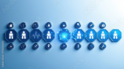 Connected Healthcare: A visual representation of a connected healthcare system.  A network of hexagonal icons, each representing a patient, are linked together by a glowing blue line.