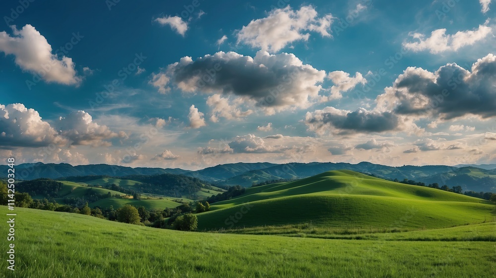 Green Hills Meadows Under Blue Sky White Clouds Panorama Banner Green Hills Meadows Under Blue Sky White Clouds Panorama Banner