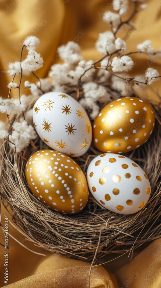 Obraz premium Four decorated easter eggs with gold decorations are resting in a nest on a gold satin background with white flowers