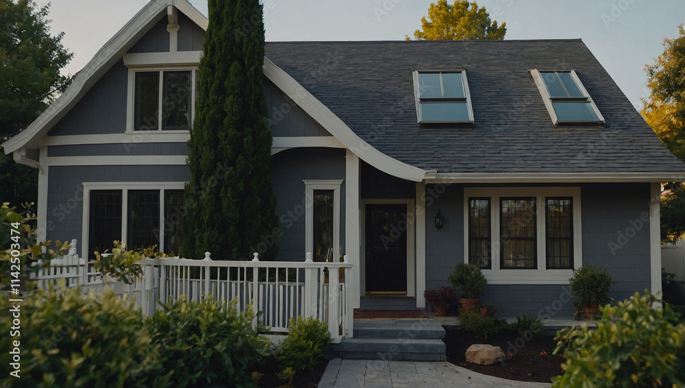 A gray house with white trim, featuring two solar panels on the roof, a white picket fence, and landscaping. The house has multiple windows and a front entrance with steps. A gray house with white trim, featuring two solar panels on the roof, a white picket fence, and landscaping. The house has multiple windows and a front entrance with steps.