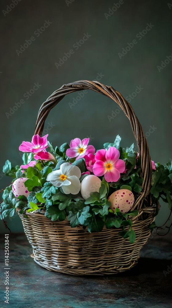 Bright easter centerpiece with wicker basket filled with colorful eggs and surrounded by vibrant spring blooms Bright easter centerpiece with wicker basket filled with colorful eggs and surrounded by vibrant spring blooms