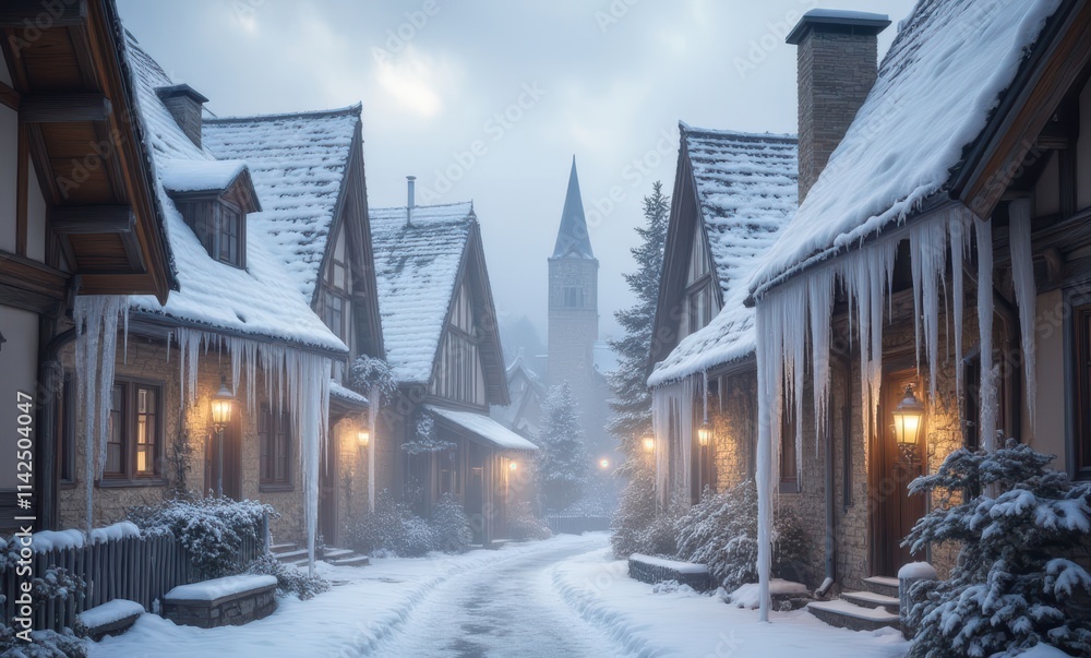 Charming winter village under soft snowfall Charming winter village under soft snowfall