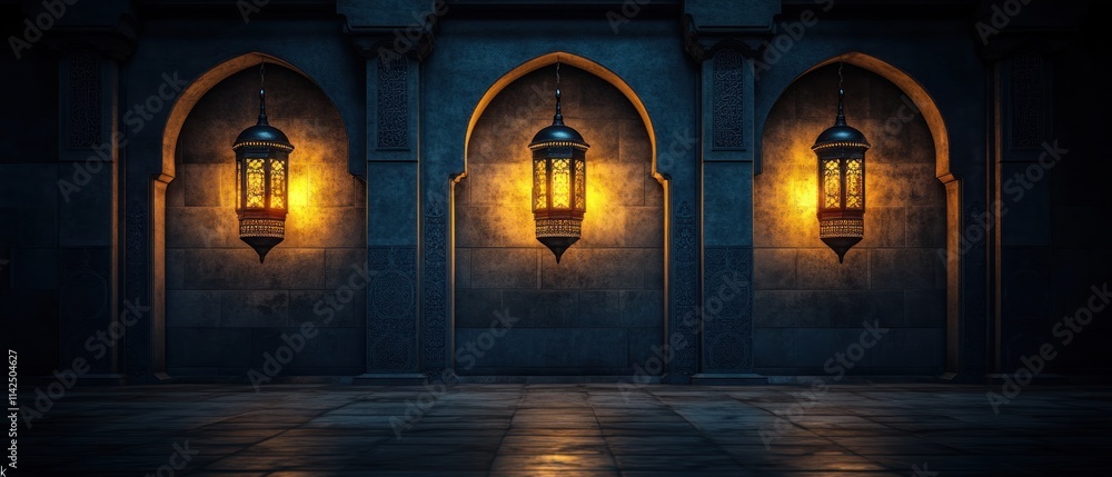 Fototapeta premium Three lit lanterns hang in ornate arched alcoves of a dark stone wall.