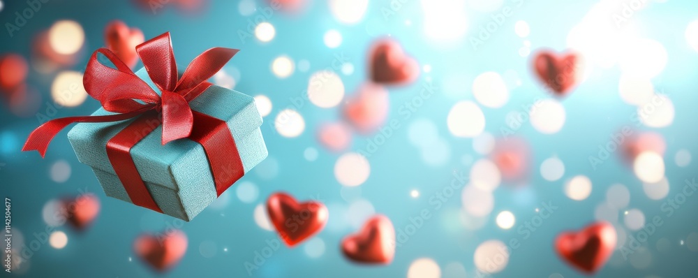 Romantic surprise gift with red ribbon hearts and bokeh bliss Romantic surprise gift with red ribbon hearts and bokeh bliss