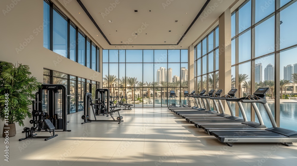 Obraz premium Luxurious gym with floor-to-ceiling windows overlooking a pool and city skyline.