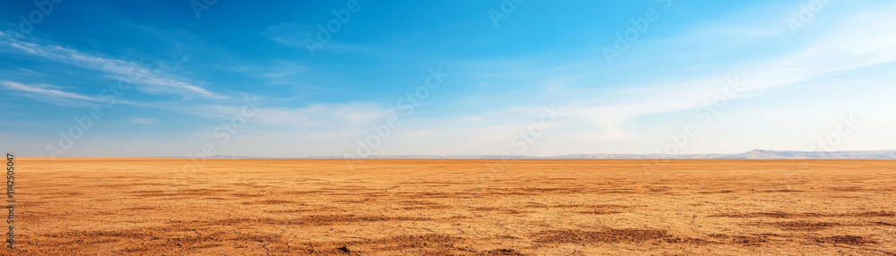Vast desert landscape under bright blue sky with minimal vegetation Vast desert landscape under bright blue sky with minimal vegetation