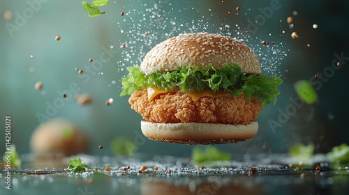 fresh crispy fried chicken burger sandwich with sesame bun, lettuce, and cheese, floating in mid air, surrounded by seasoning and herbs, creating delicious visual appeal photo