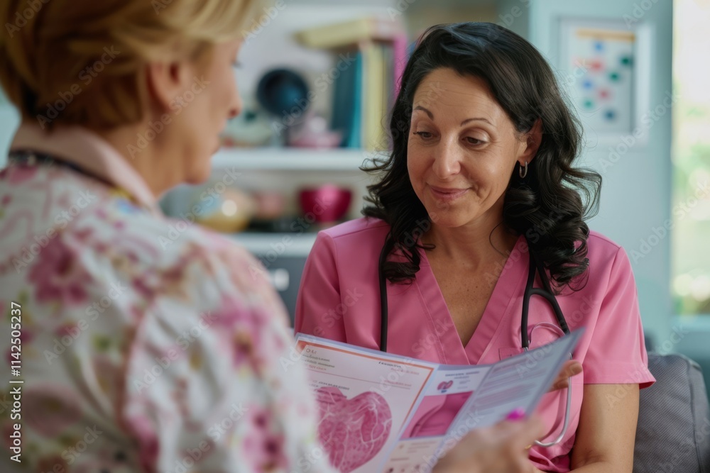 Compassionate Healthcare Provider Discussing Patient Care with a Female Patient, Displaying Medical Information in a Comfortable Setting Compassionate Healthcare Provider Discussing Patient Care with a Female Patient, Displaying Medical Information in a Comfortable Setting