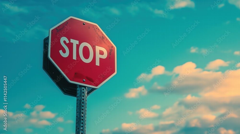 Red stop sign under blue sky with scattered clouds. Concept of caution and traffic regulation. Red stop sign under blue sky with scattered clouds. Concept of caution and traffic regulation.