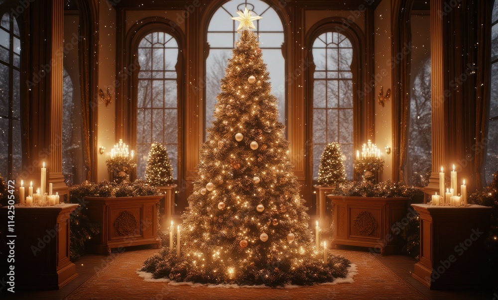 A festive Christmas tree glowing warmly A festive Christmas tree glowing warmly