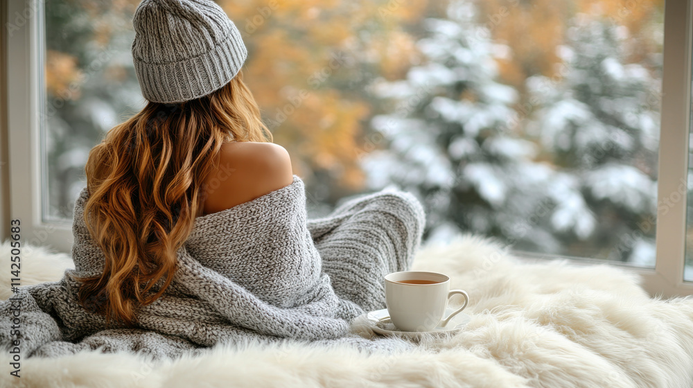 mature woman enjoys warm cup of tea while wrapped in cozy blanket, gazing out at snowy landscape through window. scene evokes sense of comfort and tranquility mature woman enjoys warm cup of tea while wrapped in cozy blanket, gazing out at snowy landscape through window. scene evokes sense of comfort and tranquility