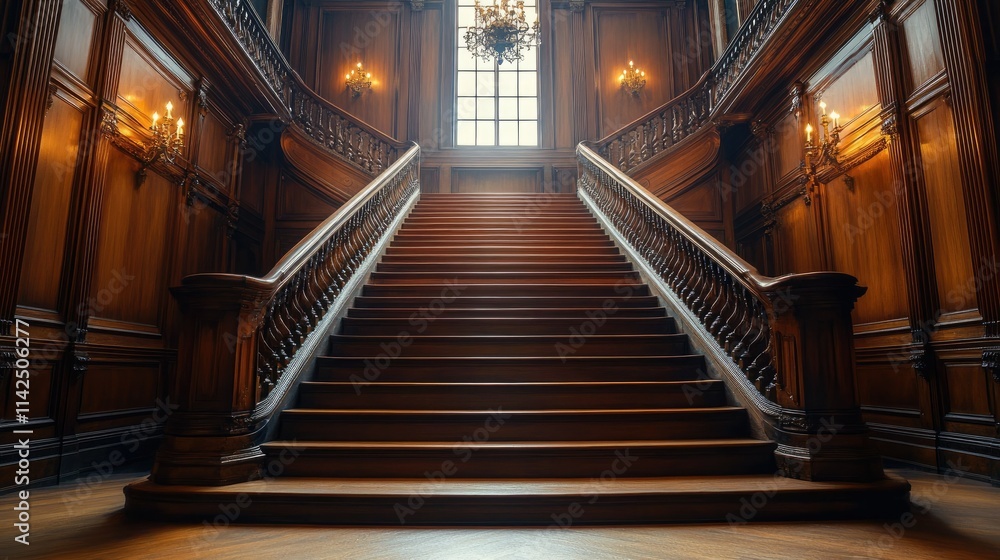 Obraz premium Grand Wooden Staircase in Ornate Interior: A majestic wooden staircase dominates a luxurious interior, illuminated by natural light from a window above.