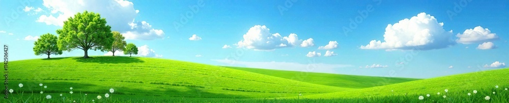 A gentle hill covered with lush green grass and trees under a clear blue sky with white fluffy clouds, serenity, outdoor scene A gentle hill covered with lush green grass and trees under a clear blue sky with white fluffy clouds, serenity, outdoor scene
