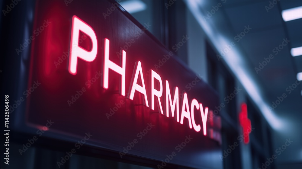 Neon glowing pharmacy sign in dark interior hallway. Concept of healthcare and modern pharmacy services. Neon glowing pharmacy sign in dark interior hallway. Concept of healthcare and modern pharmacy services.