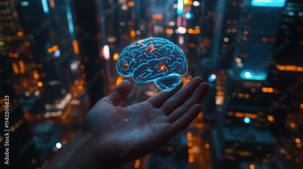 Fototapeta premium Holographic brain floating above hand in futuristic city background. Innovation and technology concept