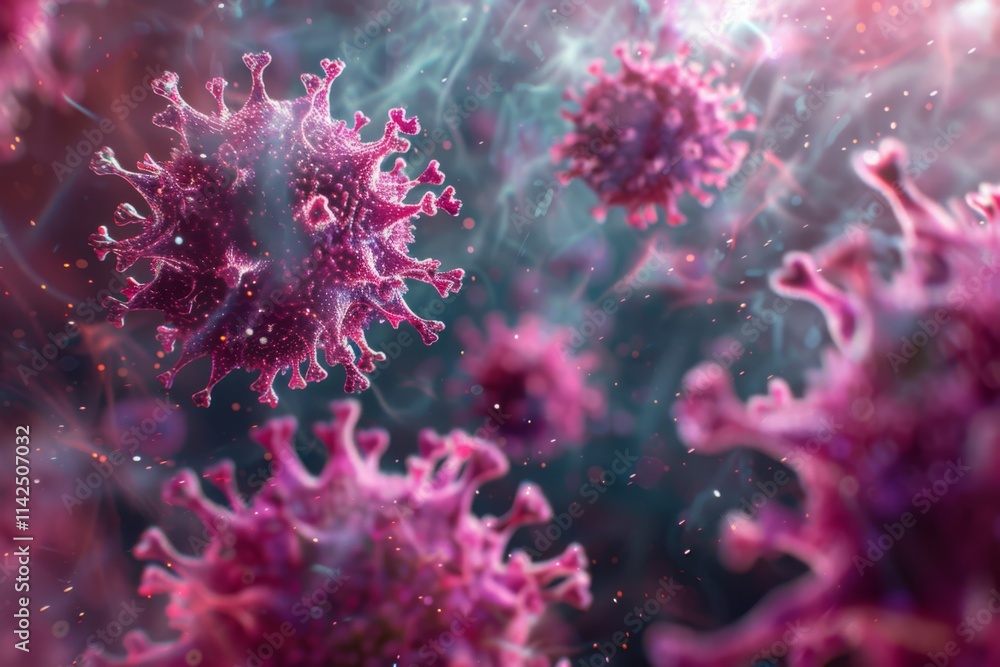 Dynamic High-Resolution Cluster of Virus Particles in Upscaled Visualization, Showcasing Complex Structures and Colorful Details in Microscopic View. Dynamic High-Resolution Cluster of Virus Particles in Upscaled Visualization, Showcasing Complex Structures and Colorful Details in Microscopic View.