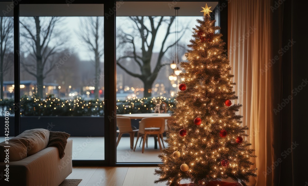Festive Christmas tree in warm interior Festive Christmas tree in warm interior